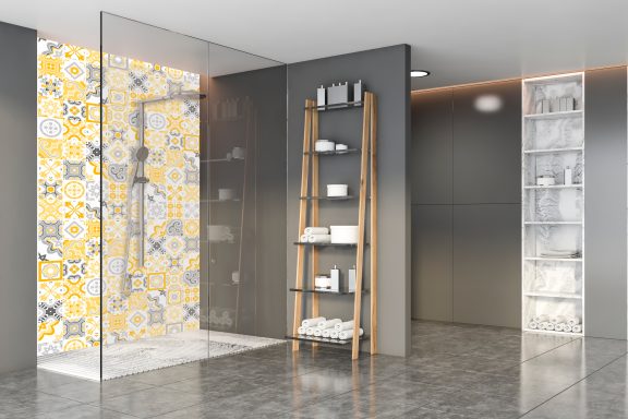 Panneau de douche carreaux ibériques jaune et gris Deluart