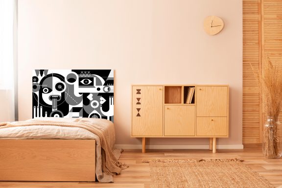 Tête de lit pour enfant personnages abstraits version 1 en noir et blanc Deluart