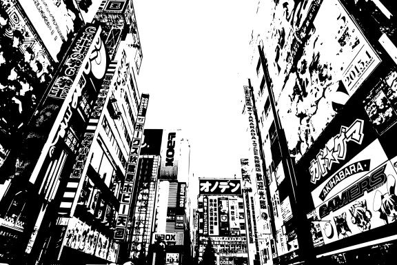 Rue de Tokyo dessin noir et blanc